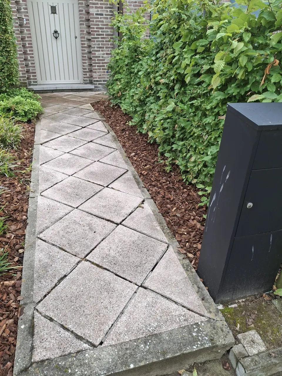 Tegelpad naar de voordeur met borders in houtschors en een haagbeuk